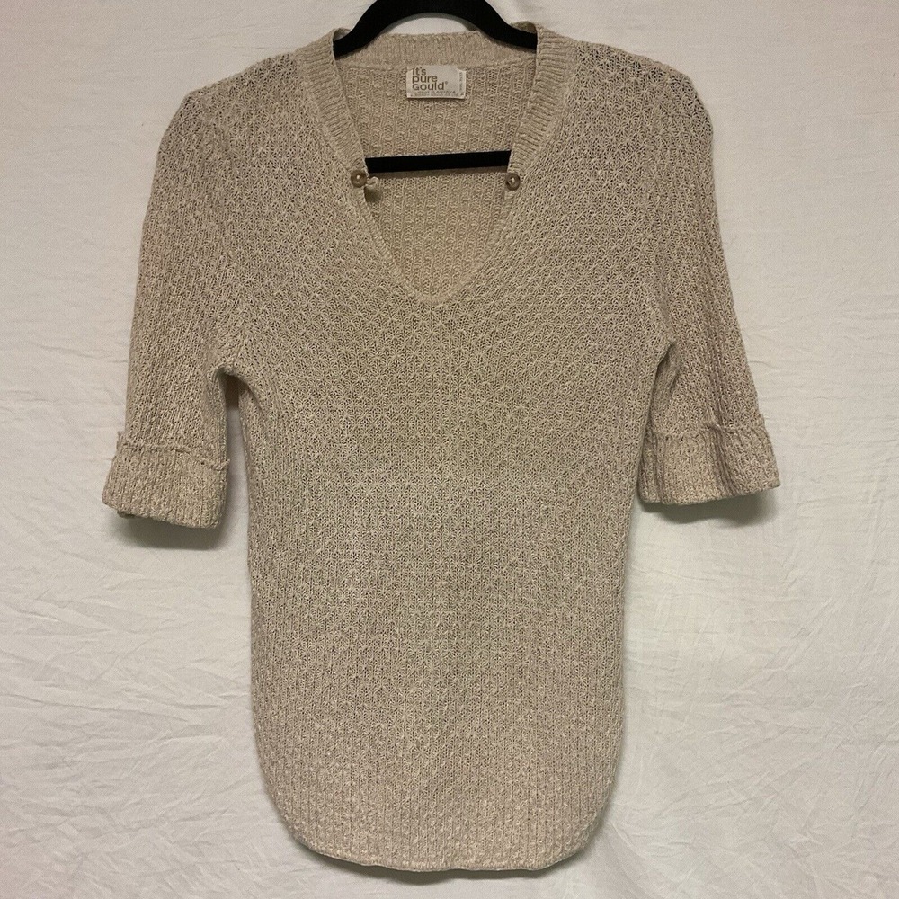 Vintage It's Pure Gould Knit sweater Beige Sz Small Medium V-neck Quarter Sleeve